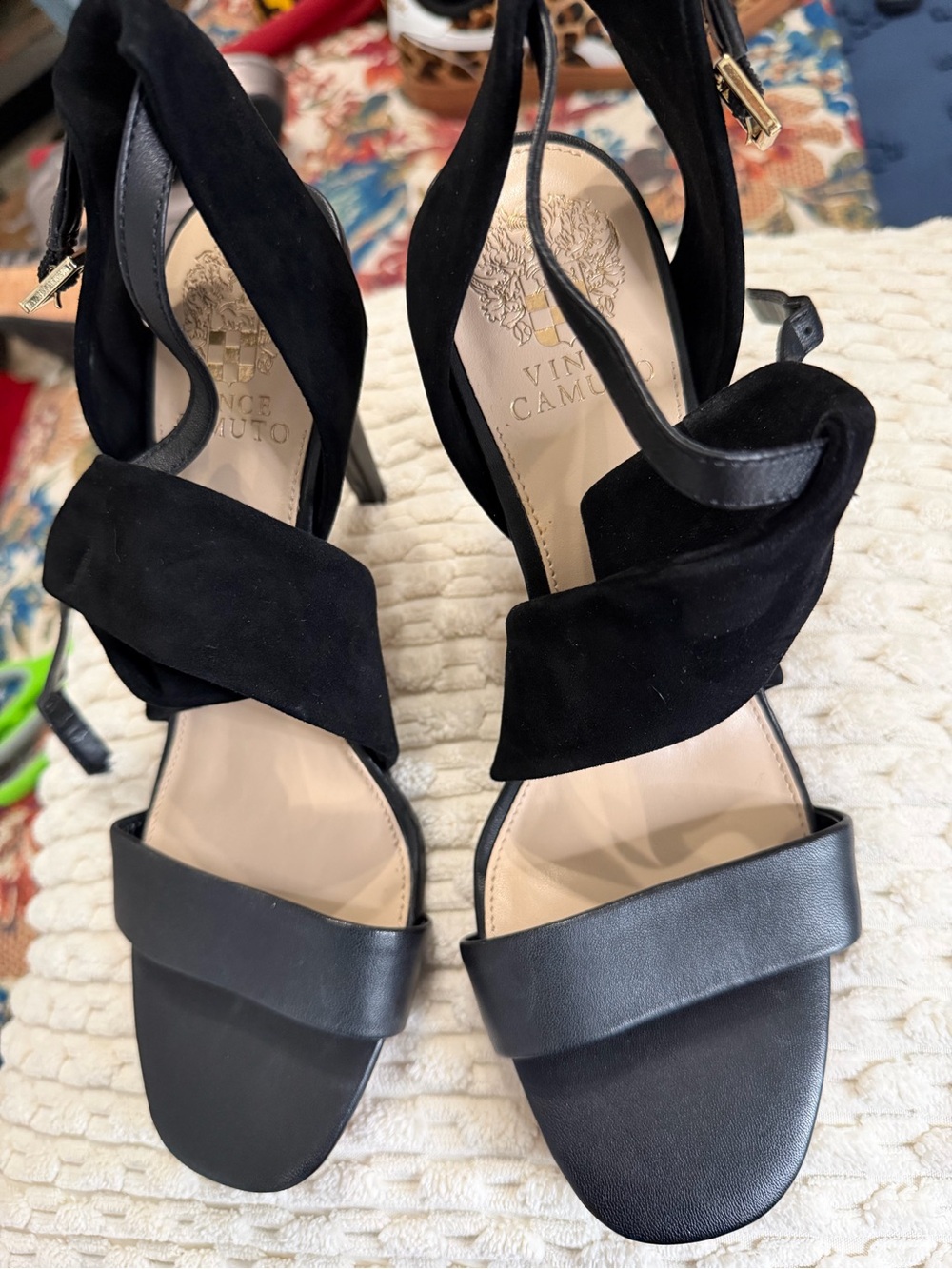 Vince Camuto Black Leather and Suede Crisscross High Heel Sandals